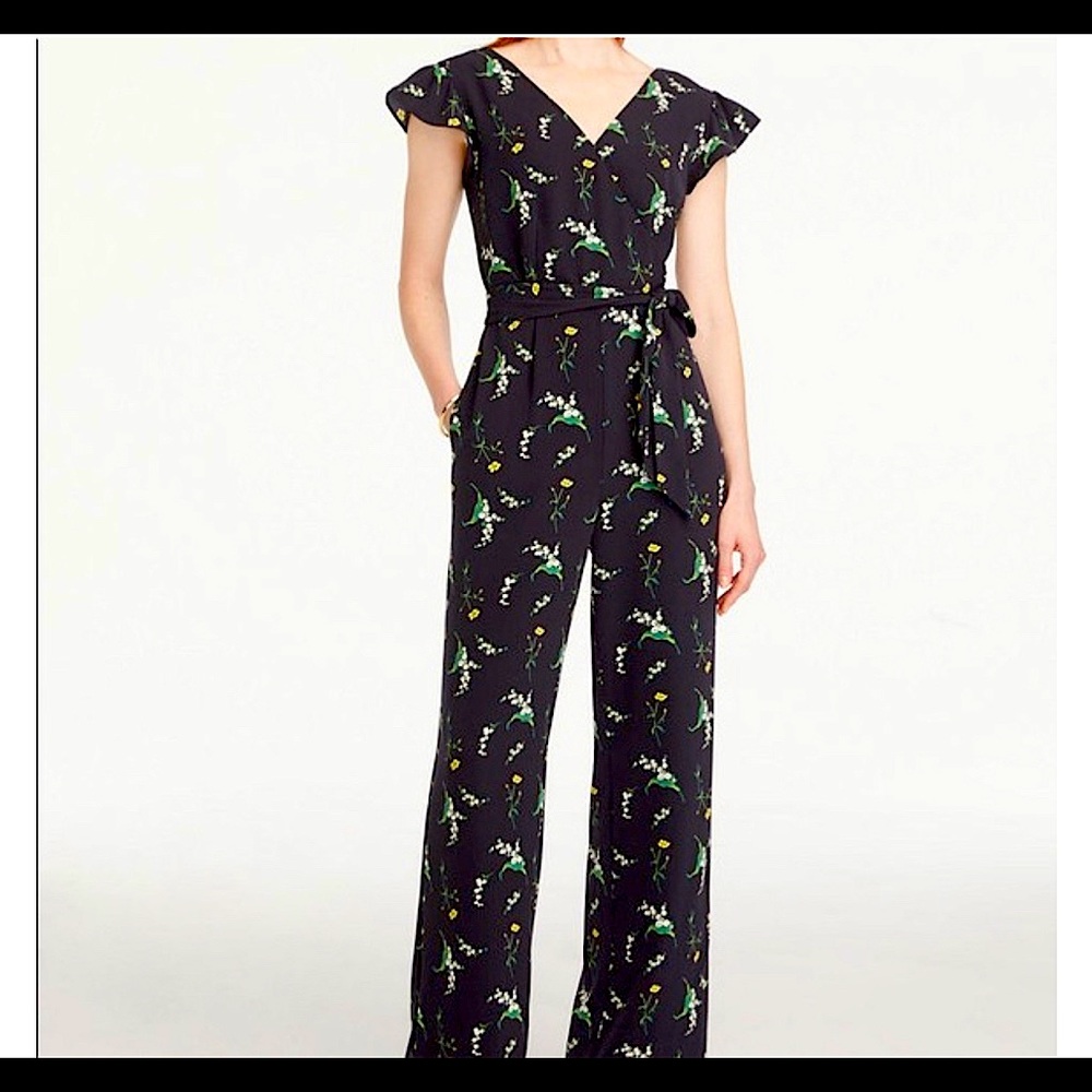 Ann Taylor Navy Blue Floral V-neck Jumpsuit
